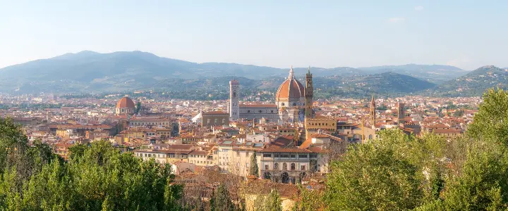 a view of a city with mountains in the background